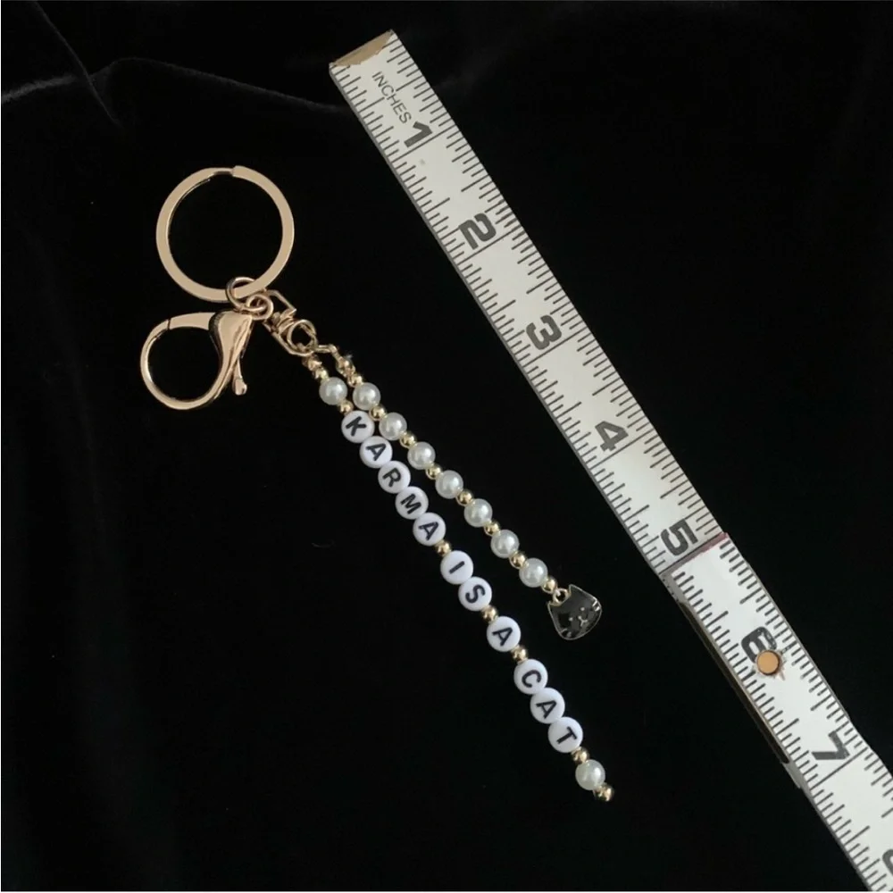 Karma Is A Cat Keychain Pearls Gold Tone Beads Black Cat Gold Tone Keyring